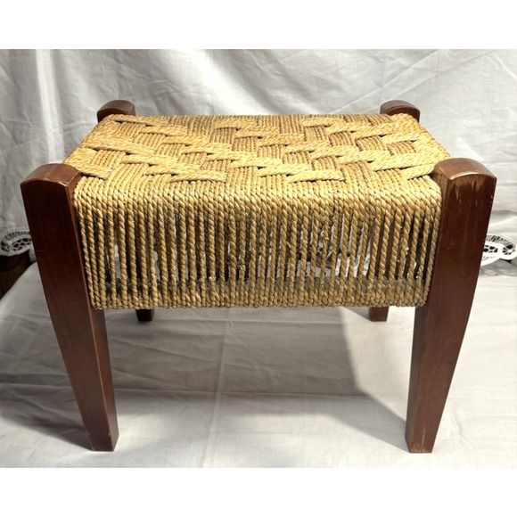 Vintage Mid-Century Woven Rope & Wood Stool – Rustic Boho Farmhouse Decor – 12" - Picture 1 of 13